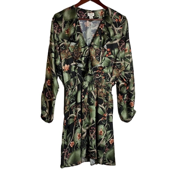 Johanna Ortiz x H&M Floral Print Silky Dolman Sleeve Mini Dress Small Green - Picture 1 of 15